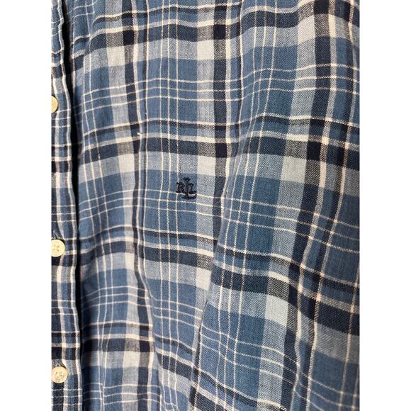 Lauren Ralph Lauren Dusty Blue Plaid Country Ranch Linen Old Money Shirt 3X - Picture 6 of 7